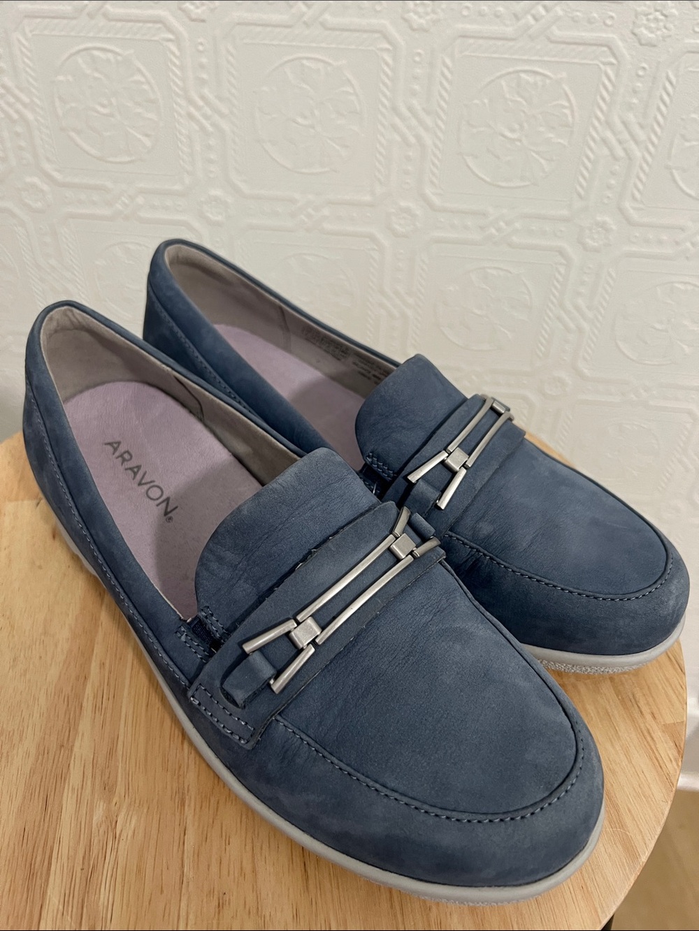 Aravon Navy Suede-Look Slip-On Loafers with Silver Accent